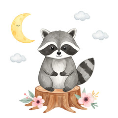 Fototapeta premium Cute Watercolor Raccoon Illustration Sitting On Wood With Moon And Clouds