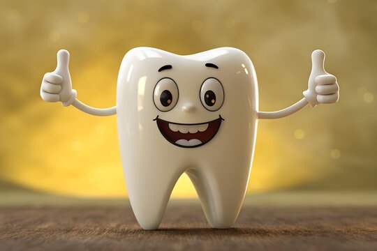 Toothy Cheers &ndash; Cartoon Molar Character Giving Thumbs Up, Happy Dental Mascot on Golden Background, Oral Care Positivity Concept
