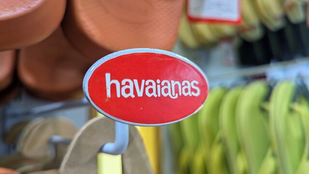 Closeup of Havaianas sign at retail shop for jandals and sandal footwear - taken on 9 May 2025