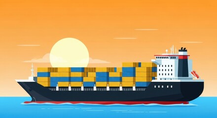 Obraz premium A cargo ship carrying containers sails on the ocean during a sunset with a bright orange sky view