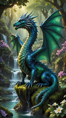 Winged dragon green and blue iridescent skin,  waterfall behind in a tropical setting