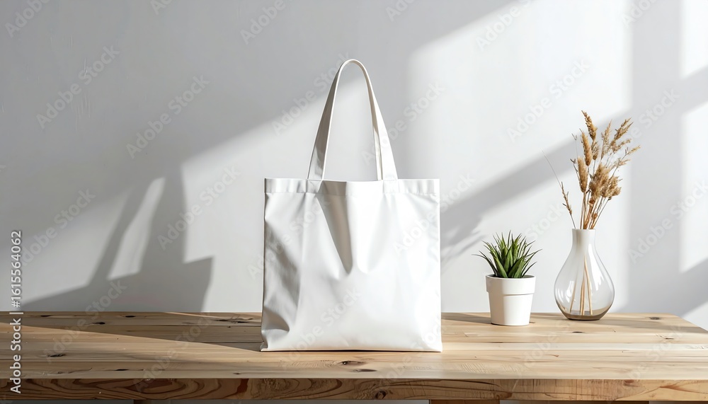 Poster white tote bag on a wooden table in a minimalist indoor setting ideal for product mock up presentati