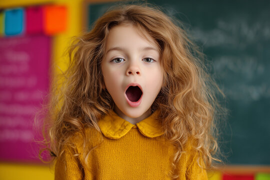 Young girl with curly hair yawning in classroom with chalkboard background.