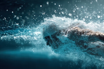 An athlete swims powerfully underwater, captured in a dynamic shot with water and bubbles.