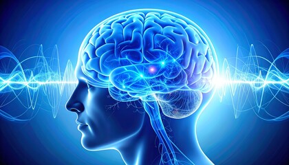 3D Brain with Electric Waves and Neural Signal on Blue Background