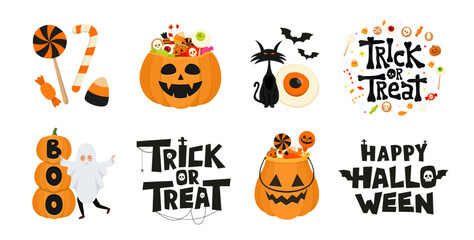 Set of Happy Halloween and Trick or Treat elements for design. Cute october holiday symbols collection. Vector illustration with candies in pumpkin basket and text lettering font.