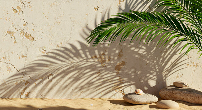 Stone platform for product display, palm leaves, branch and shadow on old stone wall. Sunny oasis in rustic style