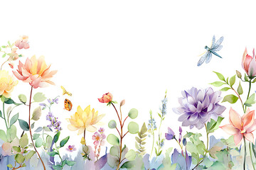 Watercolor floral border featuring pastel peonies lavender and wildflowers with delicate leaves and open white center perfect for wedding stationery