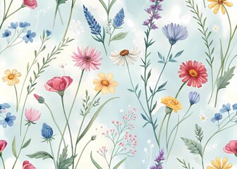 Beautiful floral summer seamless pattern with watercolor hand drawn field wild flowers. Stock illustration.
