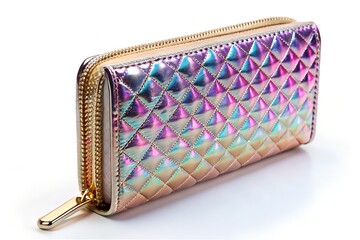 Iridescent quilted zipper wallet; pastel pink, purple, and blue; luxury fashion accessory.