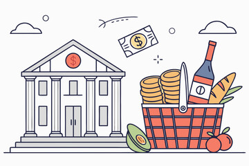 Bank building with stacked coins and overflowing grocery basket concept
