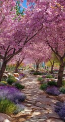 Obraz premium Pink cherry blossoms line a stone path, dappled sunlight
