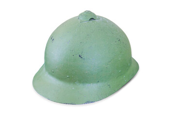 Olive green, glossy antique military helmet with a rounded top, possibly plastic or metal display...