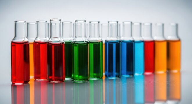Collection of Glass Vials Filled with Vibrant Colorful Liquids