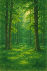 Obraz premium Sunlight streaming through the trees creates a magical ambiance in a lush, vibrant green forest, inviting tranquility and serenity