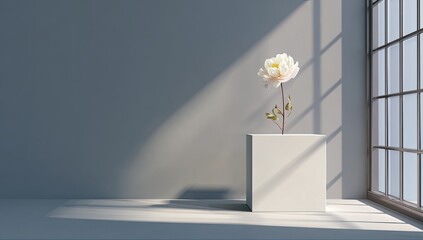 Pale rose in a white cube, sunlit room