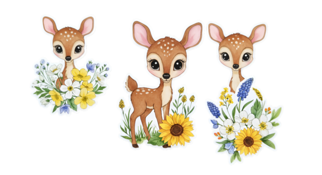 Cute Watercolor Deer Illustration with Floral Elements on Transparent Background - Powered by Adobe