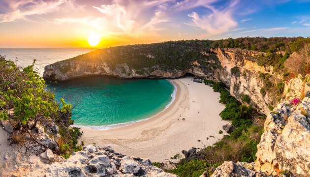 Peaceful beach cove at sunrise cliffside - Powered by Adobe