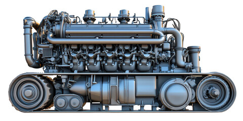 Obraz premium Heavy Duty Diesel Engine on Tracks, Metallic, Industrial Design png