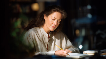 A writer revising a manuscript in natural light