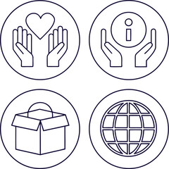 Obraz premium Four circular icons with dark blue outline graphics of helping hands heart information symbol and donation box