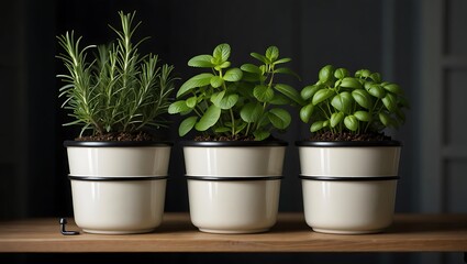 Fresh Basil Plant in Black Pot on Wooden Shelf with Dark Background &ndash; Indoor Herb Garden Concept