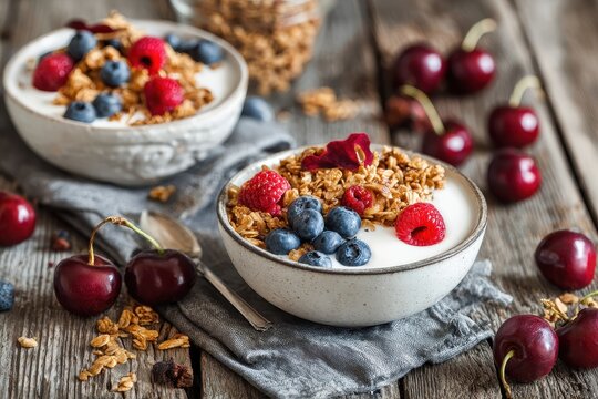 Homemade granola topped with yogurt blueberries raspberries and dried cherries on a rustic wooden surface