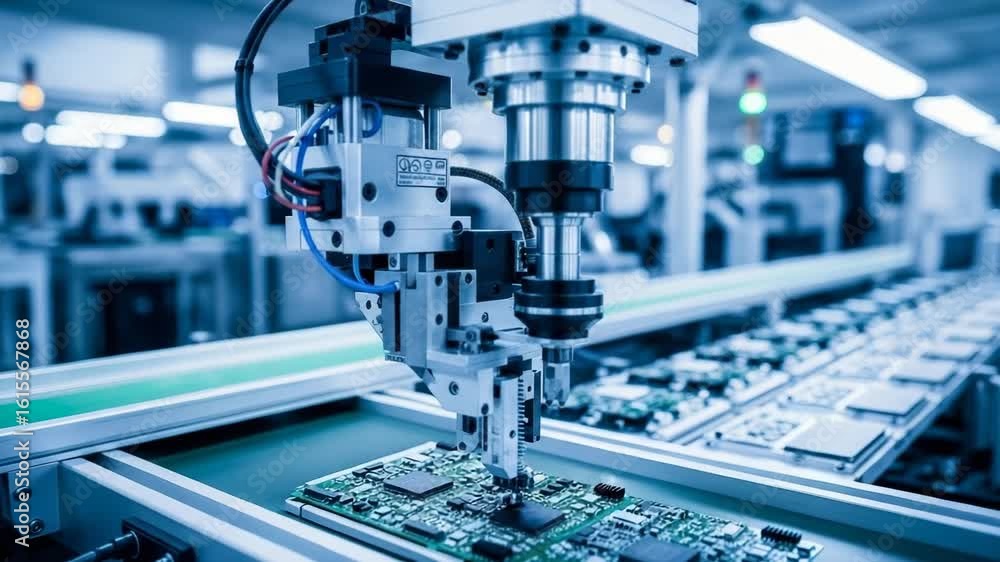 Poster automated assembly line robotic arm manufacturing electronics pcb factory automation technology