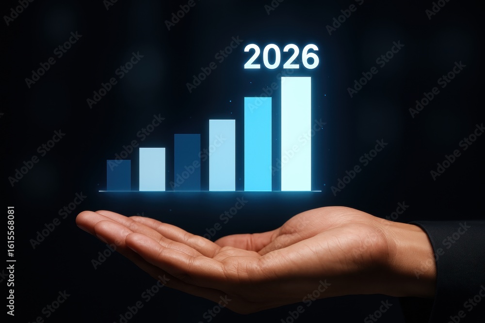 Poster progress graph with numbers 2026 on the hand: a conceptual image showcasing a hand holding a graph d
