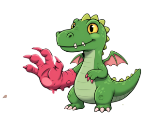 Cute Green Cartoon Dragon Illustration With Pink Hand On Transparent Background