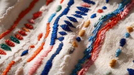 Colorful embroidered fabric with abstract patterns for textile design and decoration,National Sewing Month