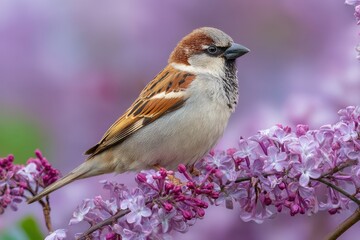 A lovely bird perched on a lilac branch
