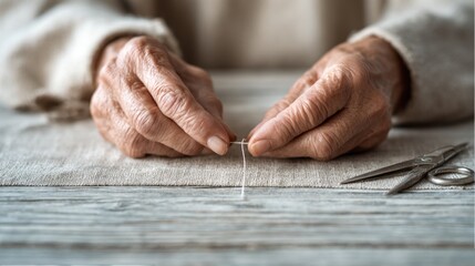 Craftsmanship and patience: elderly hands threading a needle for sewing projects,National Sewing Month