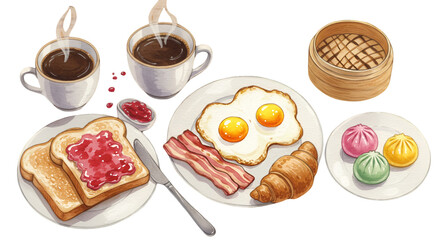 Delicious Breakfast Illustration Featuring Eggs Bacon and Coffee on Plate