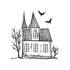 Vintage old church with horror silhouette trees and bats flying around in black brush stroke texture isolated on white. Hand drawn vector sketch illustration in vintage charcoal ink. Halloween