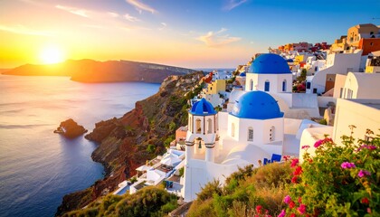 Obraz premium Santorini sunrise view, white buildings.