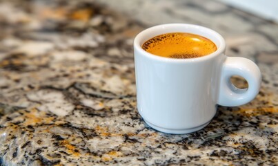 Coffee in white mug on marble surface close up of hot espresso beverage