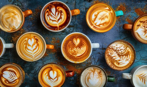 Coffee latte art variety overhead arrangement in mugs for breakfast
