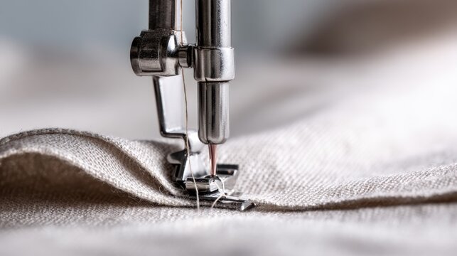 Close-up of sewing machine needle in action on beige fabric for textiles design,National Sewing Month - Powered by Adobe