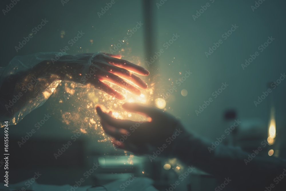 Poster sparkling connection between two hands in a dimly lit space during a moment of creativity and inspir