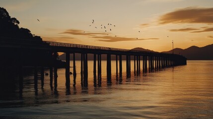 Obraz premium Sunrise over a pier with birds flying
