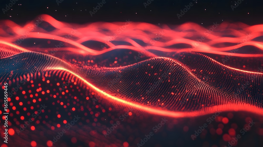 Poster abstract wavy design with glowing particles.