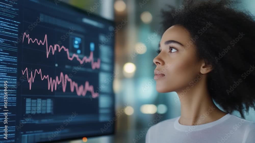 Poster data analyst's reflection: a focused data analyst intently studies a dynamic financial chart, reveal