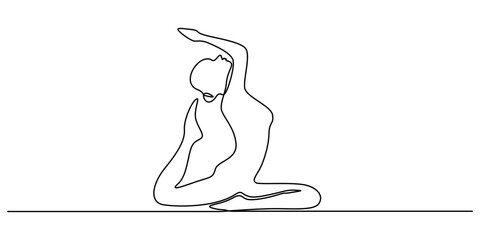 Woman Fitness Exercise Continuous One Line Drawing. Active Lifestyle Simple Linear Style, Woman Yoga Minimalist One Line Drawing. Woman Yoga Pose Line Art Trendy Illustration, doing yoga exercise. 