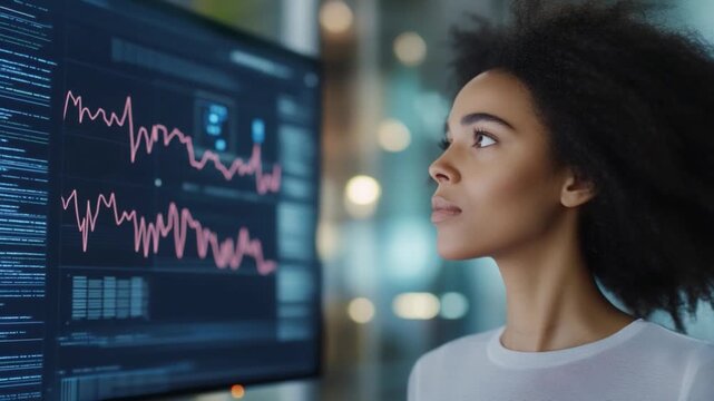 Data Analyst's Reflection: A focused data analyst intently studies a dynamic financial chart, revealing her dedicated approach to mastering financial strategy