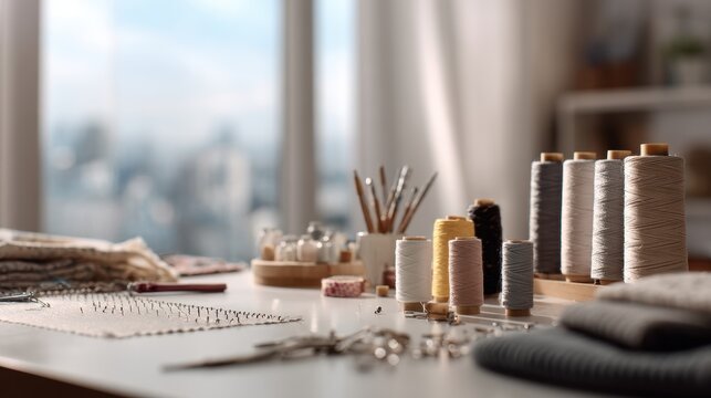 Serene crafting workspace with sewing threads and tools by a sunlit window,National Sewing Month