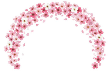 Watercolor illustration of cherry blossoms, spring arched frame with falling petal on white background