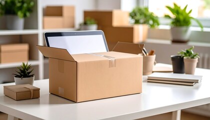 Laptop in a Cardboard Box on a White Table with Plants