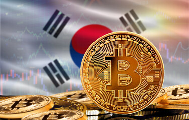 Investors in cryptocurrency and Blockchain Technology in South Korea, Concept. Bitcoin with South Korea flag in the background