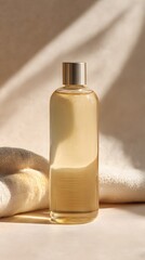 Naklejka premium Organic hair oil bottle showcase minimalist studio setting product photography warm lighting